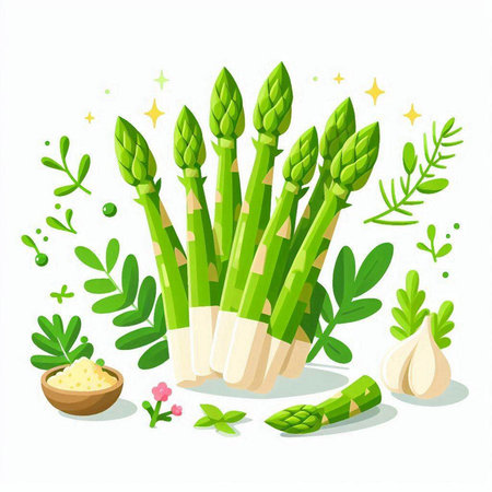 Green asparagus with garlic and dill. Vector illustration.のイラスト素材