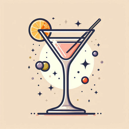 Cocktail in a martini glass with a slice of orange and a straw. Vector illustration.のイラスト素材