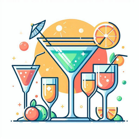 Cocktails set. Flat line style vector illustration isolated on white background.のイラスト素材