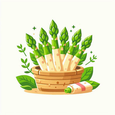 Bowl of green asparagus in cartoon style. Vector illustration.のイラスト素材