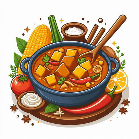 Illustration of a bowl of curry with ingredients on a white backgroundのイラスト素材