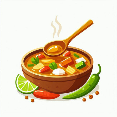 Thai spicy soup in wooden bowl with spoon. Vector illustration.のイラスト素材