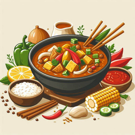 Illustration of a bowl of chinese curry with vegetables and spicesのイラスト素材
