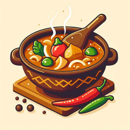Illustration of a bowl of chicken soup with chili peppers and wooden spoonのイラスト素材