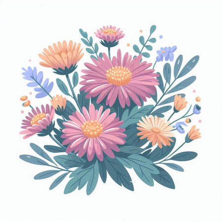 Bouquet of pink flowers and green leaves. Vector illustration.のイラスト素材