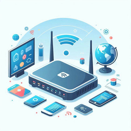 Wireless internet technology concept with router and mobile devices on blue background vector illustrationのイラスト素材