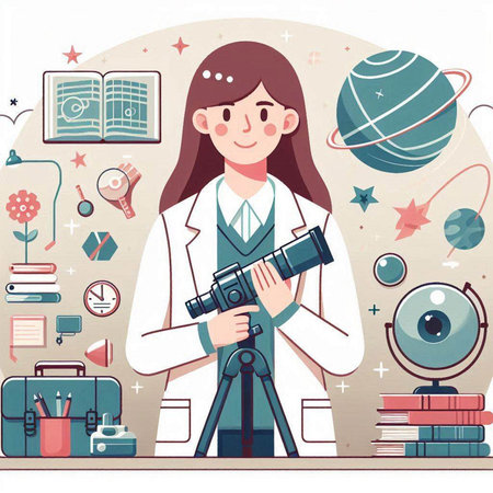 Scientist girl with camera in hands. Vector illustration in flat style.のイラスト素材