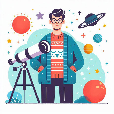 Astronaut with telescope. Vector illustration in flat cartoon style.のイラスト素材