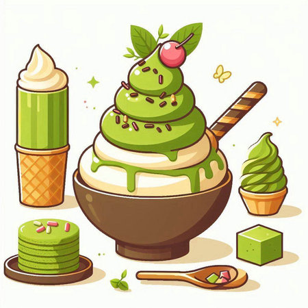 Illustration of a set of different ice cream in a bowl.のイラスト素材