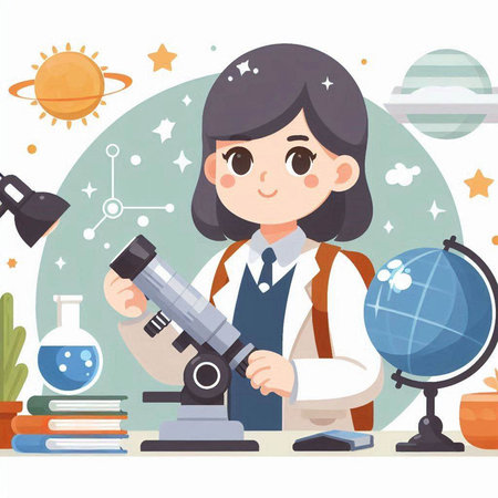 Scientist girl with microscope and science equipment. Vector illustration in flat styleのイラスト素材