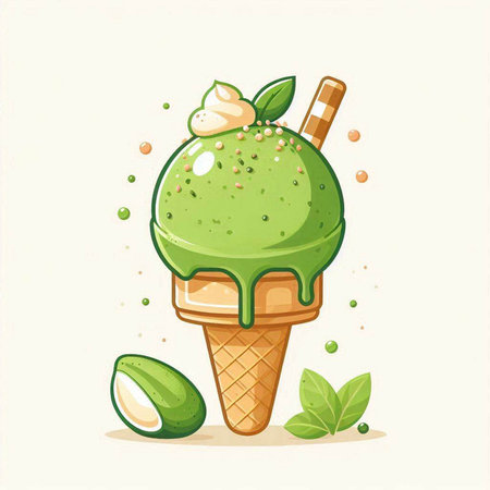 Green tea ice cream in waffle cone with mint leaves, vector illustration.のイラスト素材