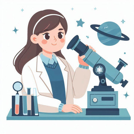 Scientist woman working with microscope in scientific laboratory. Vector illustration.のイラスト素材