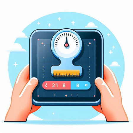 Illustration of weight scale in hands. Vector illustration in flat styleのイラスト素材