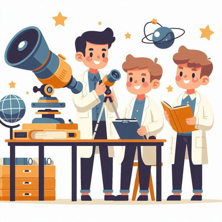Scientist and students with telescope. Vector illustration in cartoon style.のイラスト素材