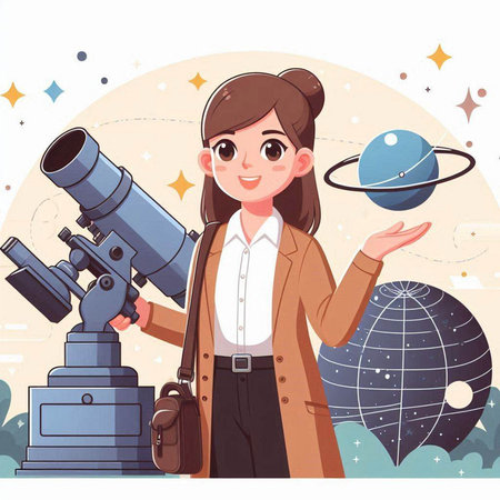 Scientist girl with telescope and planet. Vector illustration in cartoon styleのイラスト素材
