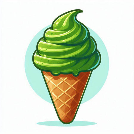 Green ice cream in a waffle cone on a white background.のイラスト素材