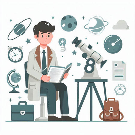 Vector illustration of a man in a business suit sitting at a desk with a book and a telescope.のイラスト素材
