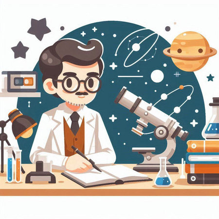 Scientist working in the laboratory with microscope, microscope, test tube and books. Vector flat illustrationのイラスト素材