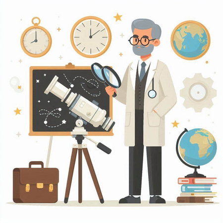 Scientist with a telescope. Vector illustration in flat style. Isolated on white background.のイラスト素材