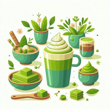 Coffee time. Vector illustration in flat cartoon style. Green tea, matcha, latte, cappuccinoのイラスト素材
