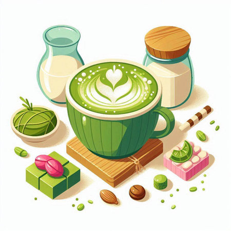 Matcha latte with ingredients on white background. Vector illustration.のイラスト素材