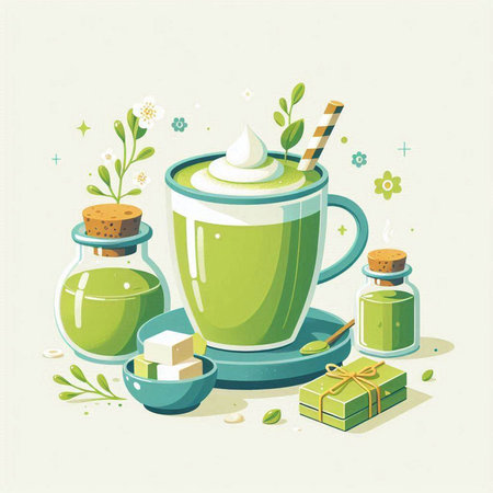 Cup of green tea with cream and spices. Vector illustration.のイラスト素材