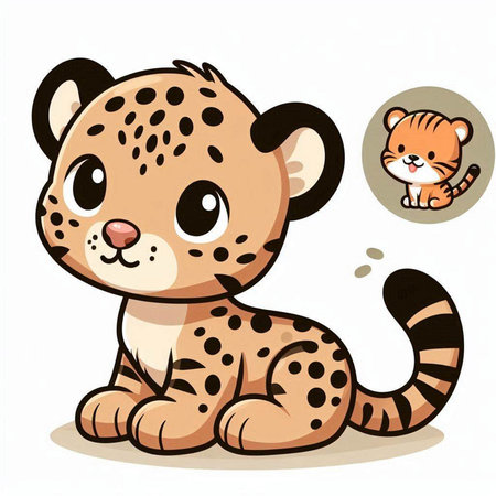Cute cartoon cheetah sitting and looking at tiger. Vector illustration.のイラスト素材
