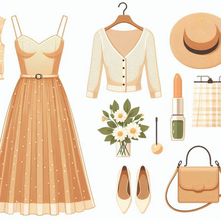 Women's clothing and accessories on a white background. Vector illustration.のイラスト素材