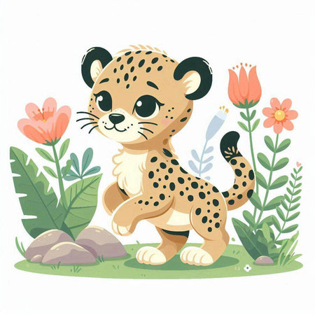 Cute cartoon cheetah in the garden. Vector illustration.のイラスト素材