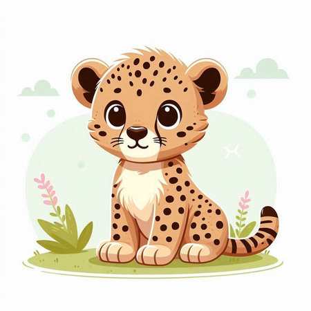 Cute cartoon cheetah sitting on the grass. Vector illustration.のイラスト素材