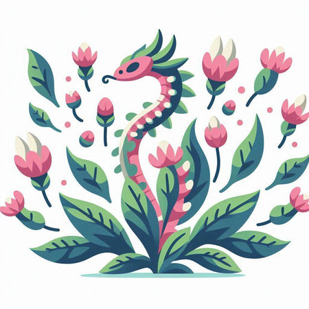 Cute dragon with flowers and leaves. Vector illustration for your designのイラスト素材