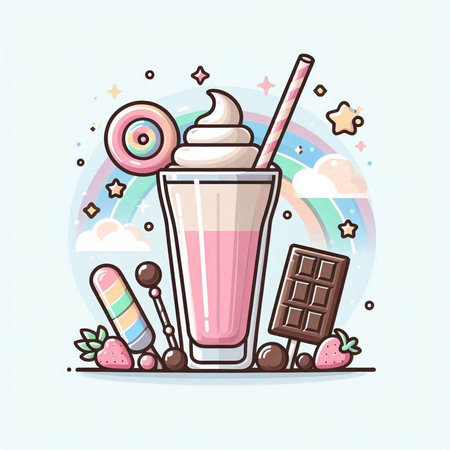 Milkshake with candies and marshmallows. Vector illustration.のイラスト素材
