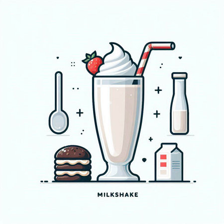 Milkshake with ice cream, strawberries and hamburger. Vector illustration.のイラスト素材