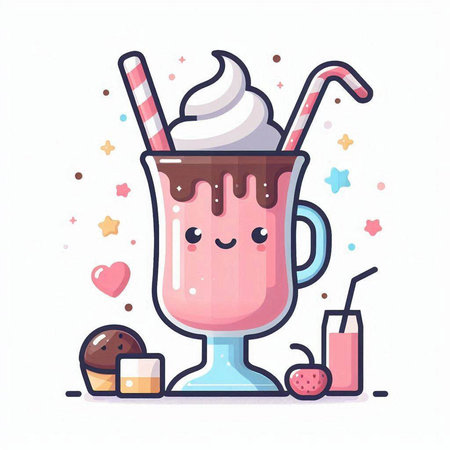 Funny milkshake with whipped cream and chocolate. Vector illustration.のイラスト素材
