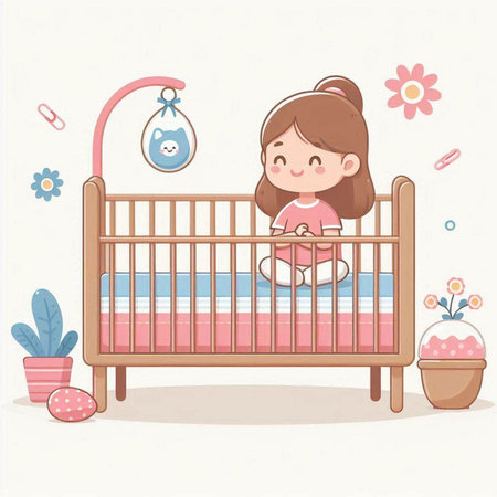Illustration of a Cute Girl Posing in a Cribのイラスト素材