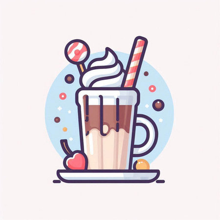 Mocha latte with whipped cream, cherry and lollipops. Vector illustrationのイラスト素材