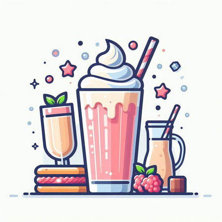 Fruit milkshake or smoothie in a glass with a straw, ice cream and cookies. Vector illustration.のイラスト素材