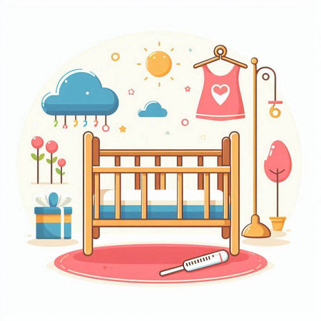 Vector illustration of a baby room with a bed, a crib and a thermometerのイラスト素材