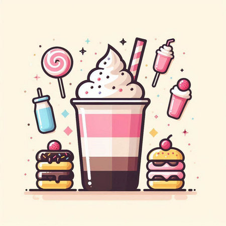 Vector illustration of a cup of coffee with ice cream, donuts and sweetsのイラスト素材