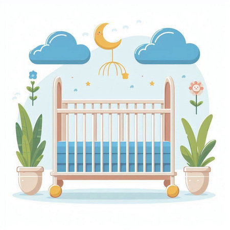 Cute baby cot with blue sky and clouds. Vector illustration.のイラスト素材