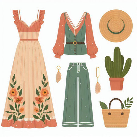 Vector set of women's clothing and accessories. Dress, hat, bag, cactus.のイラスト素材
