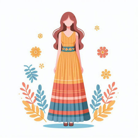Vector illustration of a beautiful young girl in a long dress with flowers.のイラスト素材