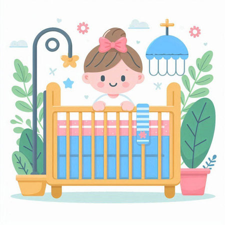 Cute baby girl in a crib. Vector illustration in cartoon style.のイラスト素材