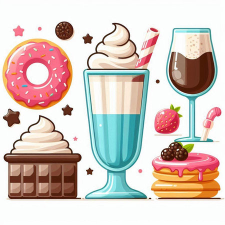 Set of different sweet desserts and drinks. Vector illustration in cartoon style.のイラスト素材