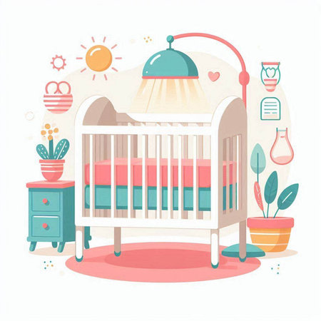 Cute baby room interior. Vector illustration in flat cartoon style.のイラスト素材