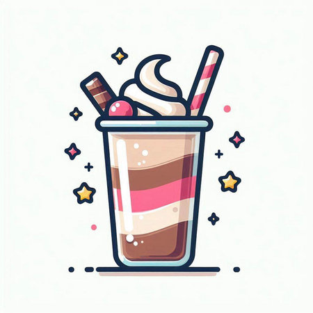 Vector illustration of milkshake with whipped cream, ice cream and wafer rolls in a glassのイラスト素材