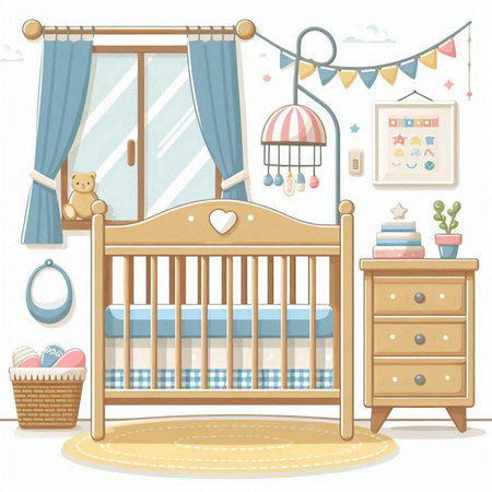 Illustration of a baby room with a crib, a bedside table and toysのイラスト素材
