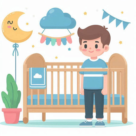 Cute little boy standing in the crib. Vector cartoon illustration.のイラスト素材