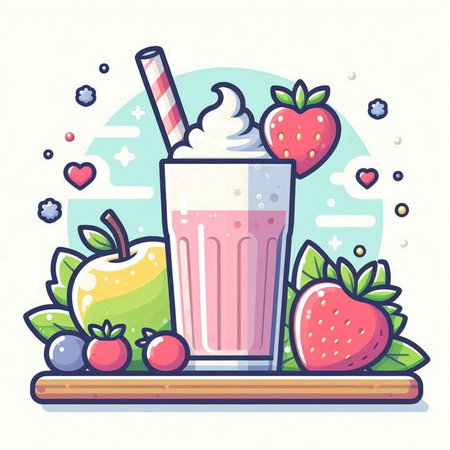 Strawberry milkshake in glass with fruits and berries. Vector illustration.のイラスト素材