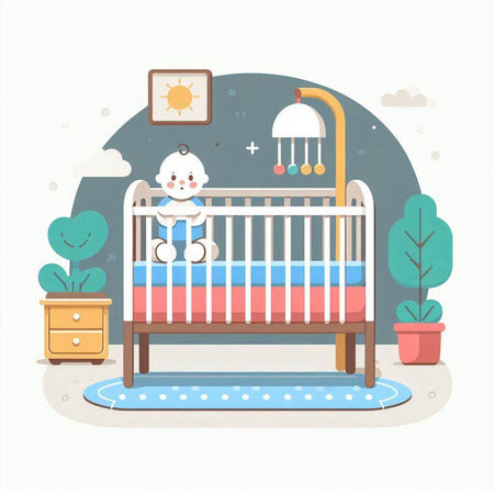 Cute baby room with crib, bed and toys. Vector illustrationのイラスト素材